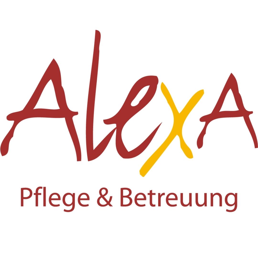 AlexA Seniorendienste Logo, rot-gelb. Pflege & Betreuung.
