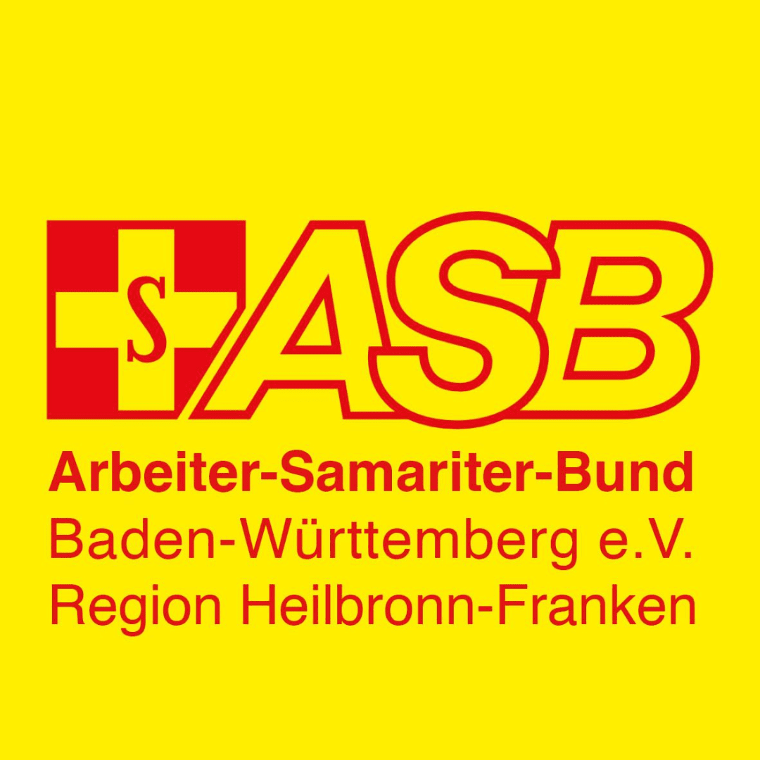 ASB Baden-Württemberg e.V. Logo: Rotes Kreuz mit "S" und Schriftzug "ASB" auf gelbem Grund. Arbeiter-Samariter-Bund Logo.