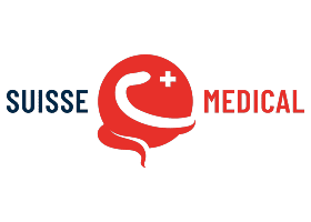 Suisse Medical Logo: Rote Schlange mit Kreuz, Schriftzug Suisse Medical.