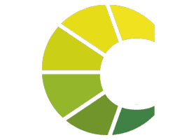 Curata Care Holding Logo: Abstraktes C-Symbol in Gelb- und Grüntönen.