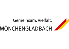 Logo Stadtverwaltung Mönchengladbach: Schriftzug mit rotem und gelbem Wischer.