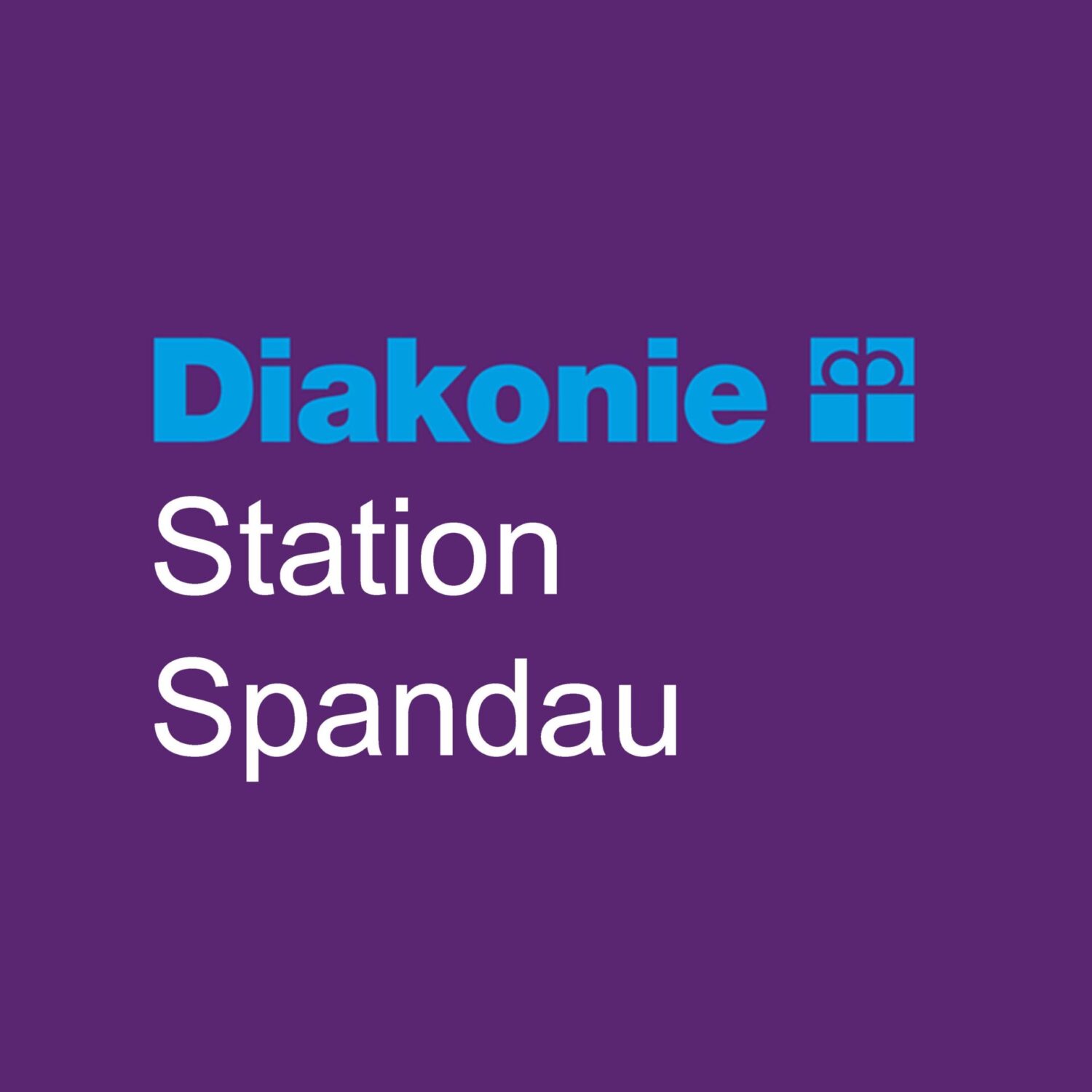 Das Logo der Diakonie-Station mit blauem Schriftzug und Symbol auf einem lila Hintergrund